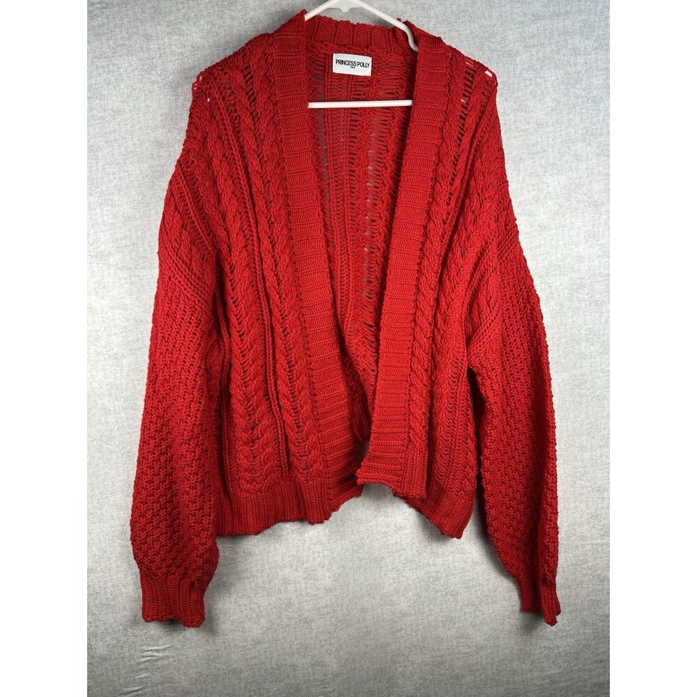 Princess Polly Abner Cable Knit Slouch Cardigan Sweater In Red Size XS/S